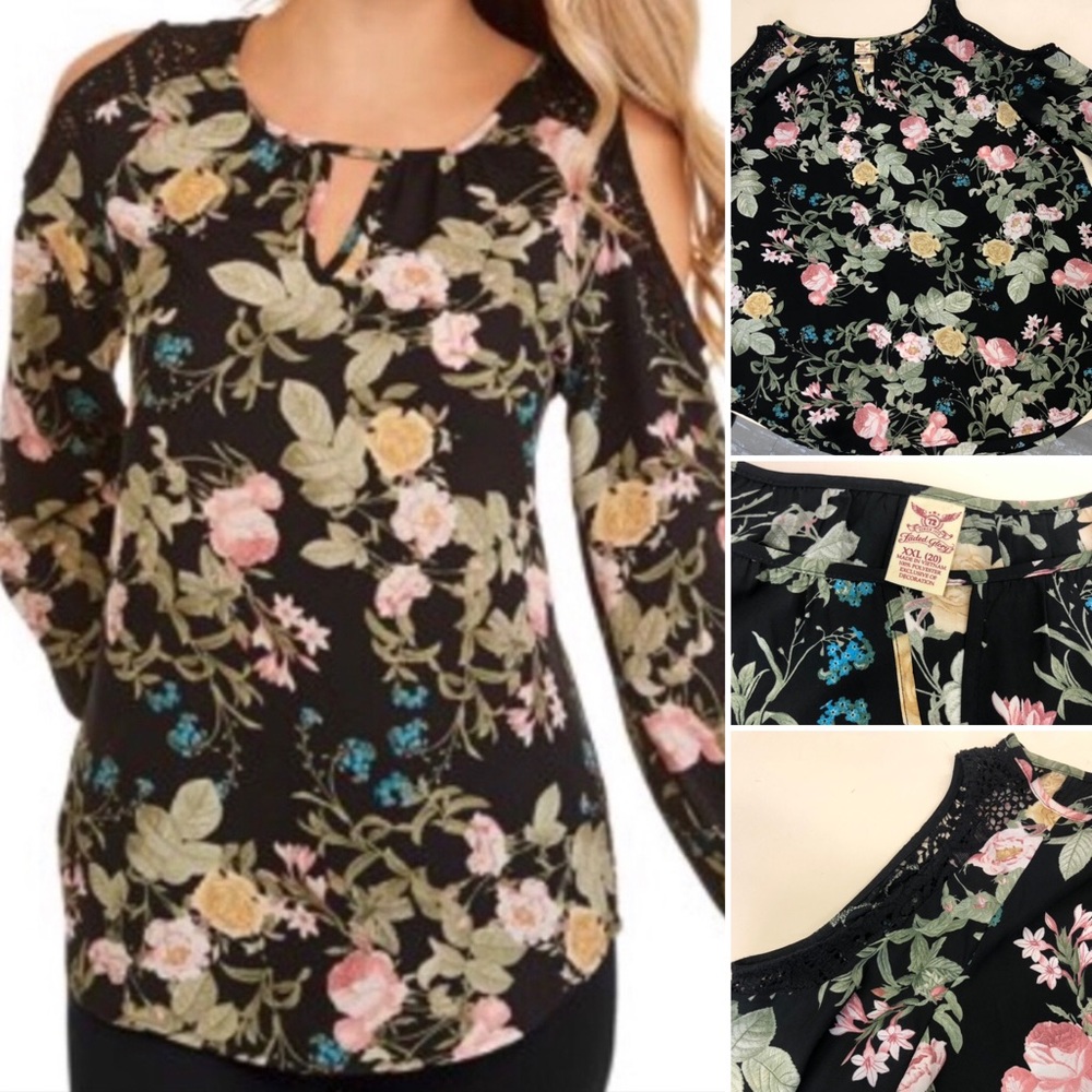 Faded Glory Floral Chiffon/Lace Cold-Shoulder Top